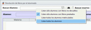 Opciones de filtro para la seleccion de alumnado en el formulario de Devoluciones