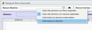 Opciones de filtro para la seleccion de alumnado en el formulario de Entrega de libros